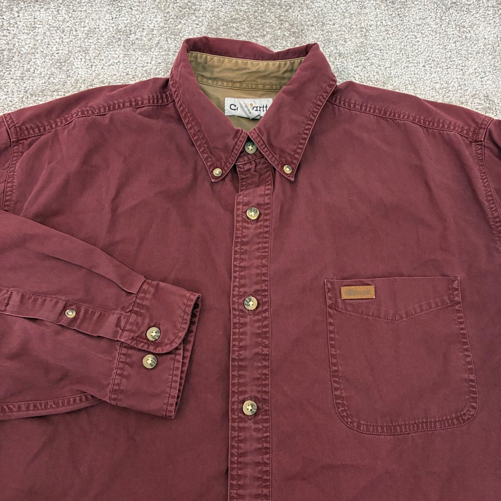 Carhartt Button Down Shirt Mens Extra Large Work Shirt Burgundy Cotton